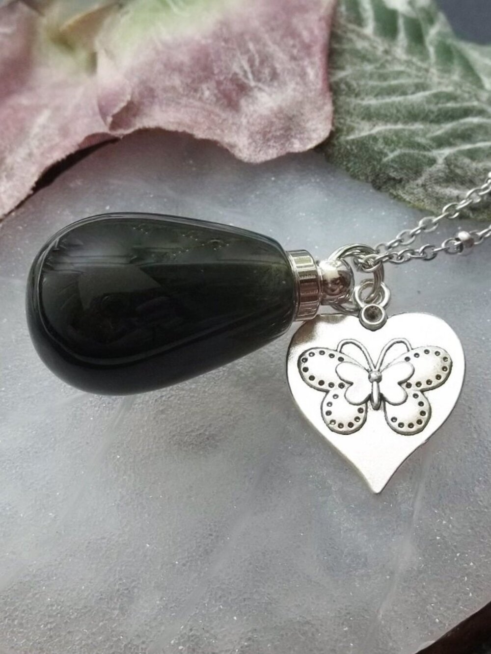 Green Agate Crystal Vial Perfume Bottle Necklace Butterfly Heart Charm